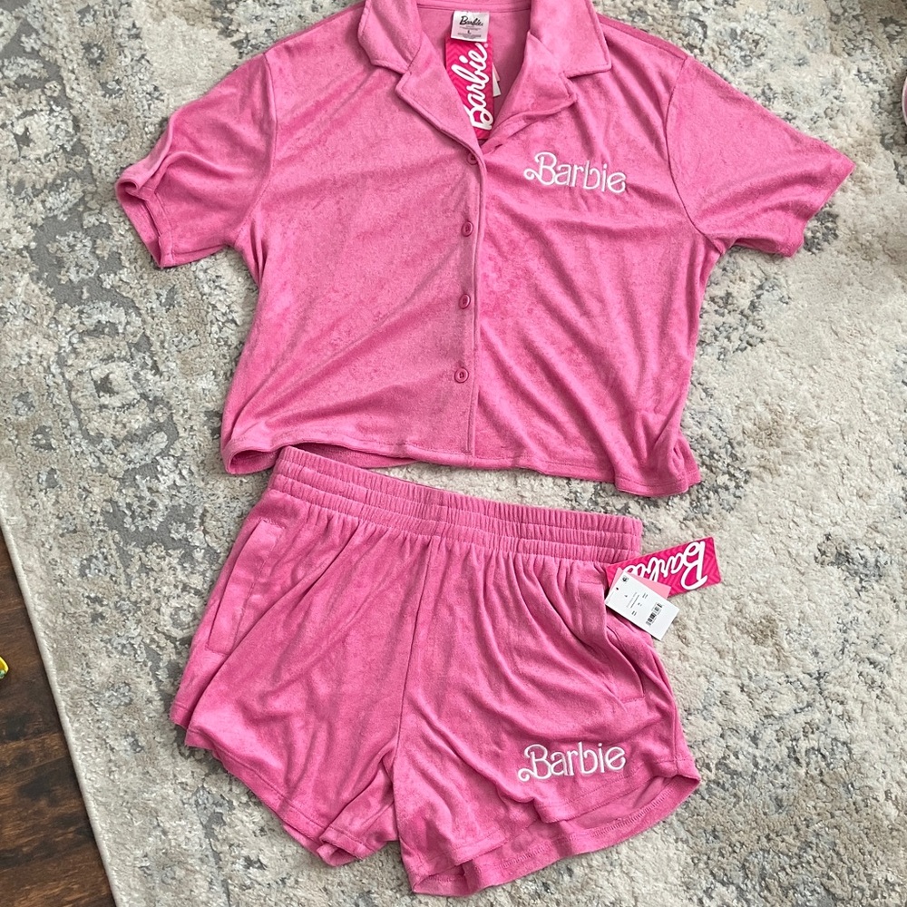 NWT Barbie Matching 2-Piece Pink Terry Cloth Top & Short Set Size Large